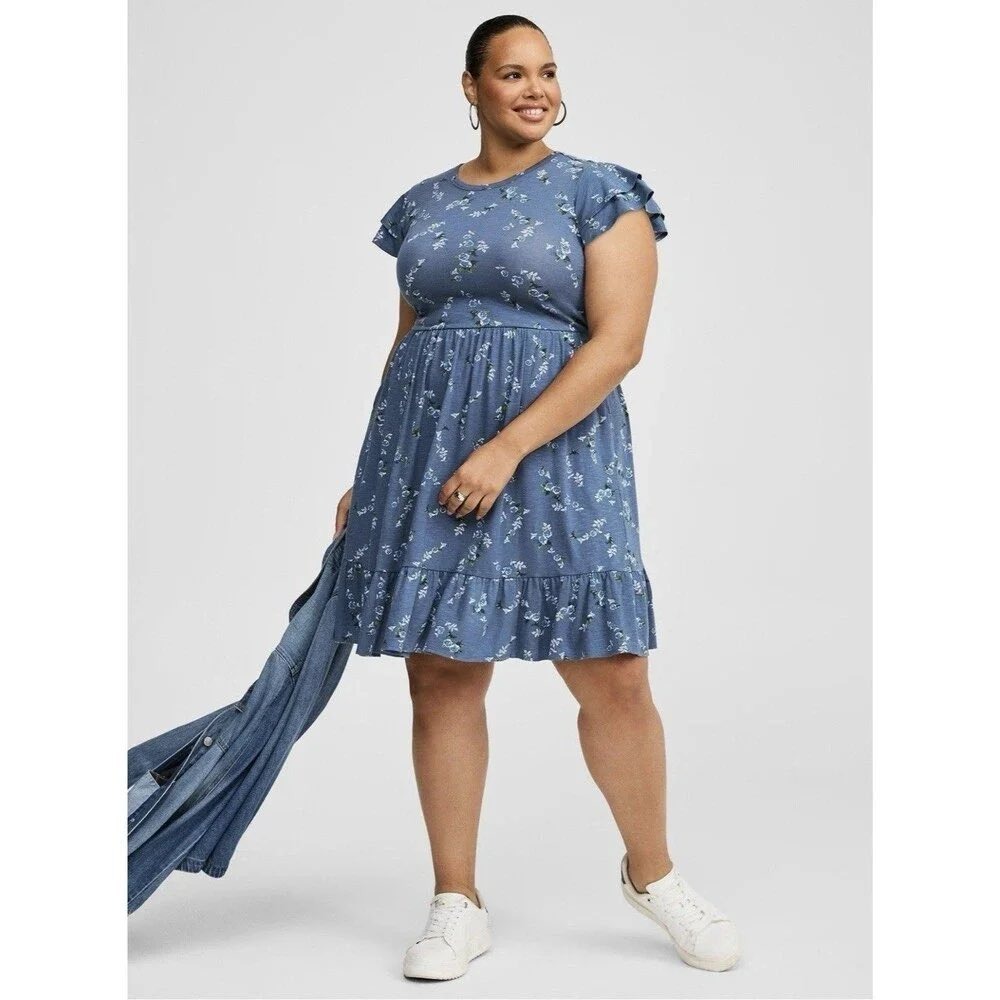Torrid Womens Double Ruffle Sleeve Mini Dress 3X Blue Floral Cottagecore Tiered